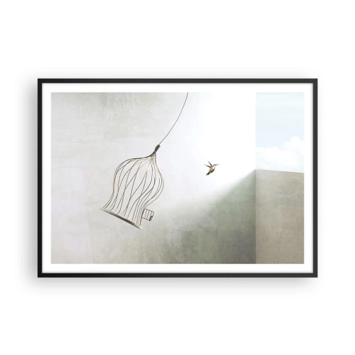 Affiche dans un cadre noir - Poster - Un oiseau libéré d'une cage sur fond de ciel lumineux - 100x70cm - Dans son élément - Décoration murale moderne pour le salon et la chambre ARTTOR