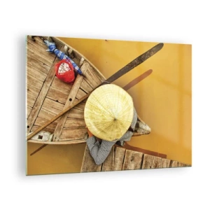Impression sur verre - Image sur verre - Vue de dessus d'un bateau et d'une personne portant un chapeau conique - 70x50cm - La vie sur le fleuve Jaune - Décoration murale moderne pour le salon et la chambre ARTTOR