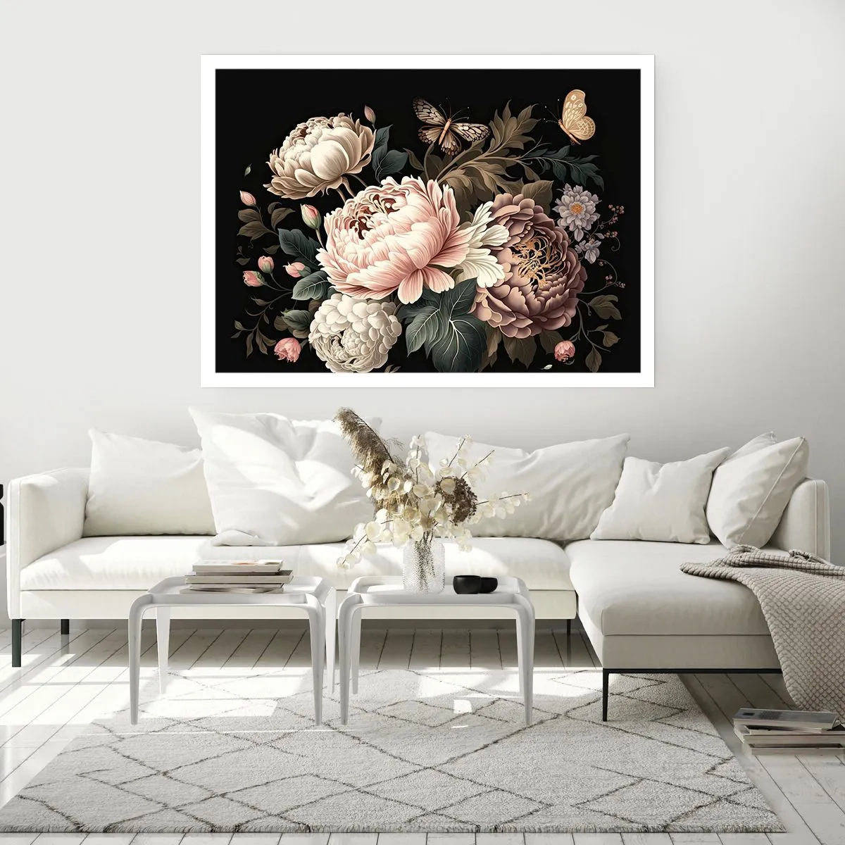 Affiche - Poster - Un bouquet de fleurs roses et de papillons sur fond noir - 100x70cm - De style baroque - Décoration murale moderne pour le salon et la chambre ARTTOR