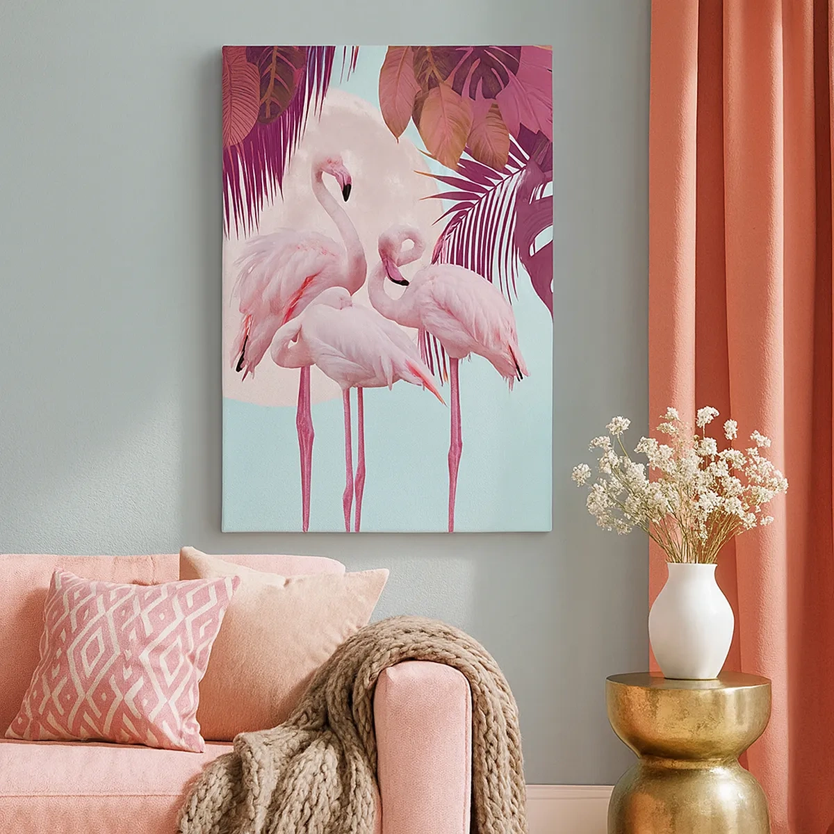 Impression sur toile - Image sur toile - Flamants roses sur fond de lune et de feuilles tropicales - 50x70cm - Trois oiseaux gracieux - Décoration murale moderne pour le salon et la chambre ARTTOR