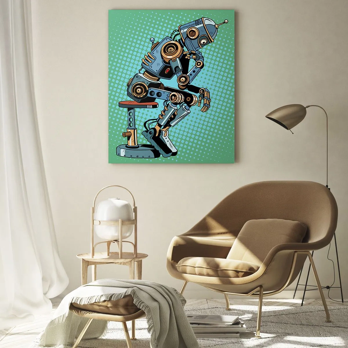 Impression sur verre - Image sur verre - Un robot penseur sur un fond de motif pop art vert. - 50x70cm - Au-dessus de l'essence de l'être - Décoration murale moderne pour le salon et la chambre ARTTOR