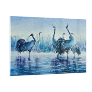 Impression sur verre - Image sur verre - Oiseaux pataugeant dans l'eau bleue - 120x80cm - Réunion matinale - Décoration murale moderne pour le salon et la chambre ARTTOR