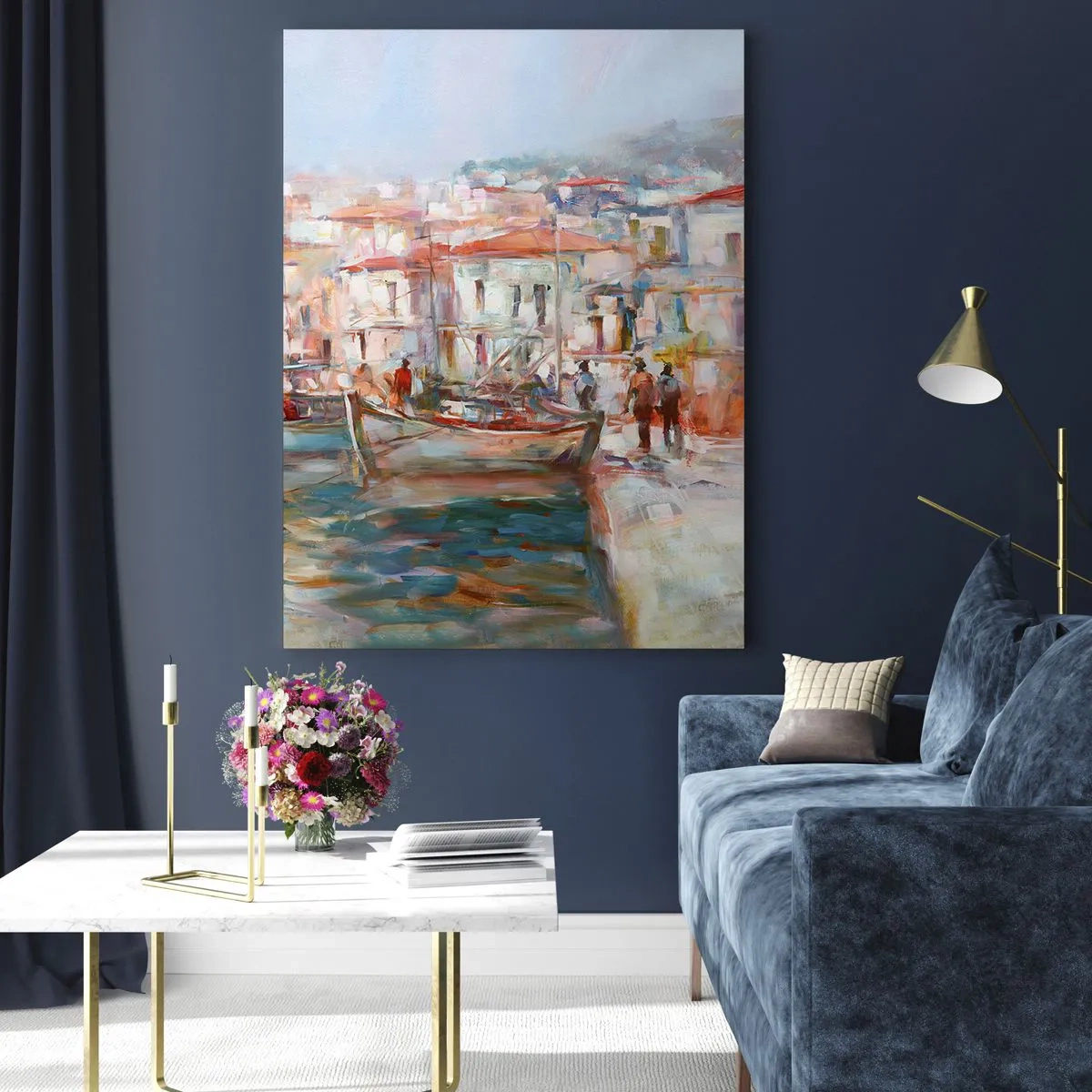 Impression sur verre - Image sur verre - Un port pittoresque avec des bateaux aux couleurs pastel - 50x70cm - Vacances pastelles - Décoration murale moderne pour le salon et la chambre ARTTOR