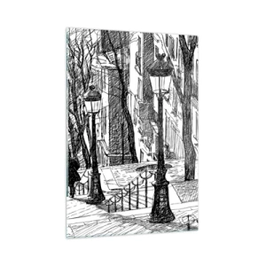 Impression sur verre - Image sur verre - Dessin en noir et blanc d'une rue de la ville avec des lanternes - 50x70cm - Une histoire d'amour ou une histoire d'horreur ? - Décoration murale moderne pour le salon et la chambre ARTTOR