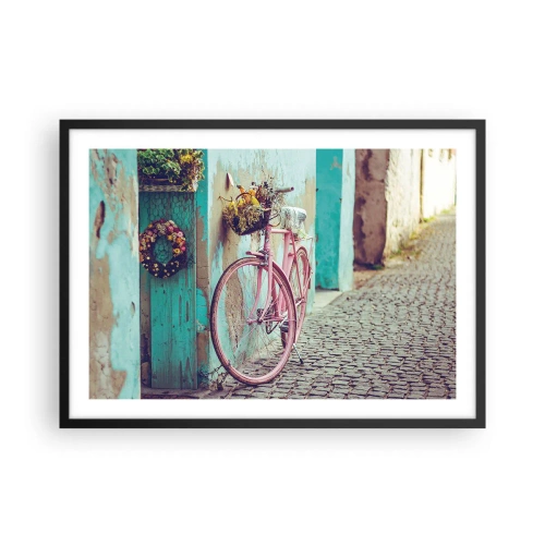 Affiche dans un cadre noir - Poster - Un vélo rose près d'une porte turquoise - 70x50cm - Je reviens tout de suite - Décoration murale moderne pour le salon et la chambre ARTTOR