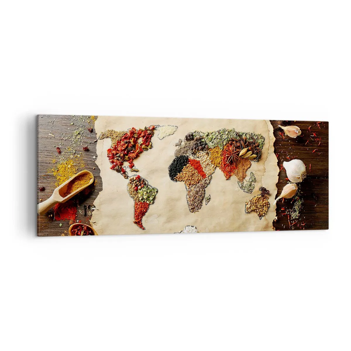 Impression sur toile - Image sur toile - Une carte du monde faite d'épices sur un fond en bois. - 140x50cm - Toutes les saveurs du monde - Décoration murale moderne pour le salon et la chambre ARTTOR
