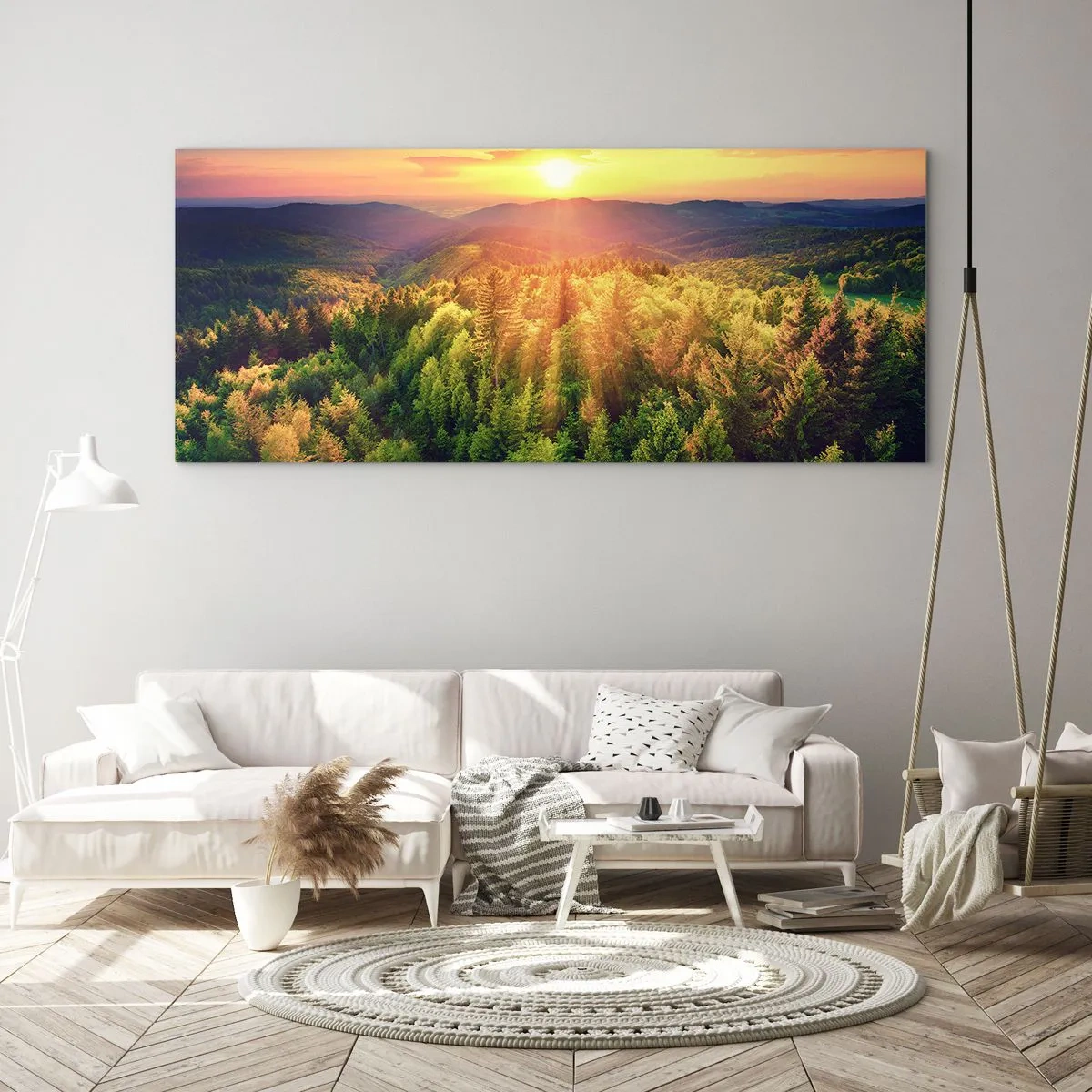 Impression sur verre - Image sur verre - Paysage forestier avec coucher de soleil sur les collines - 120x50cm - Monts et sommets - Décoration murale moderne pour le salon et la chambre ARTTOR