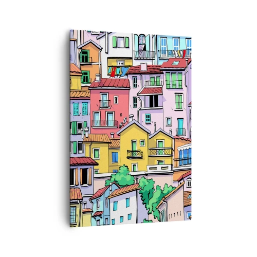 Impression sur toile - Image sur toile - Des immeubles colorés au style vivant et joyeux - 70x100cm - Ville joyeuse - Décoration murale moderne pour le salon et la chambre ARTTOR