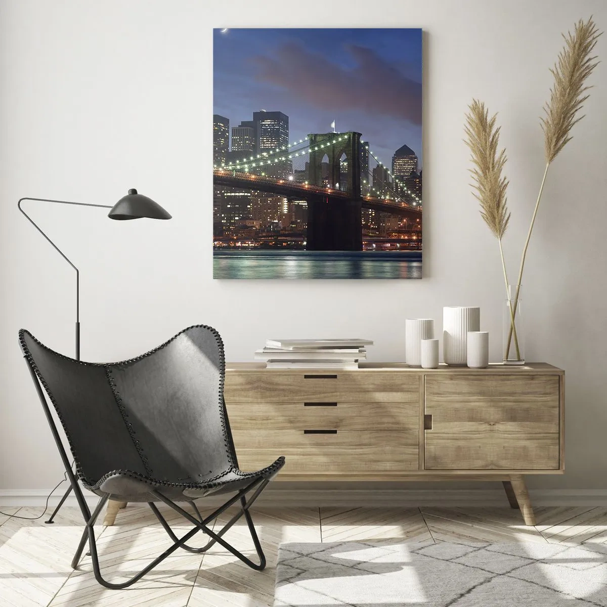 Impression sur verre - Image sur verre - Panorama de la ville avec le pont illuminé par les lumières nocturnes - 50x70cm - Nuit rougeoyante - Décoration murale moderne pour le salon et la chambre ARTTOR