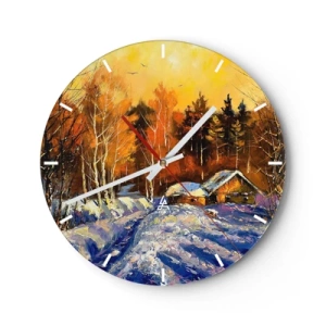 Horloge murale - Pendule murale - Un chalet pittoresque dans une forêt d'hiver illuminé par un coucher de soleil chaud - 30x30cm - Impression d'hiver au soleil - Décoration murale moderne pour le salon, la cuisine et la chambre ARTTOR