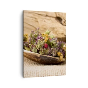 Impression sur toile - Image sur toile - Herbes séchées dans une cuillère en bois sur un fond en bois naturel - 50x70cm - Fleurs colorées et herbes parfumées - Décoration murale moderne pour le salon et la chambre ARTTOR