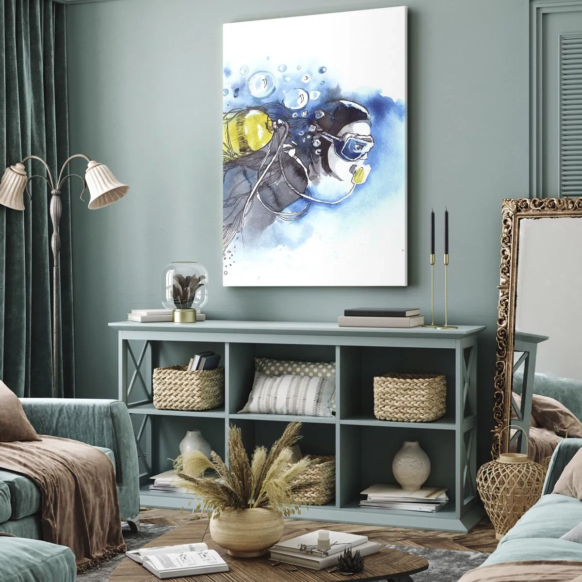 Impression sur toile - Image sur toile - Scène sous-marine avec un plongeur et des poissons exotiques - 50x70cm - Le grand bleu - Décoration murale moderne pour le salon et la chambre ARTTOR