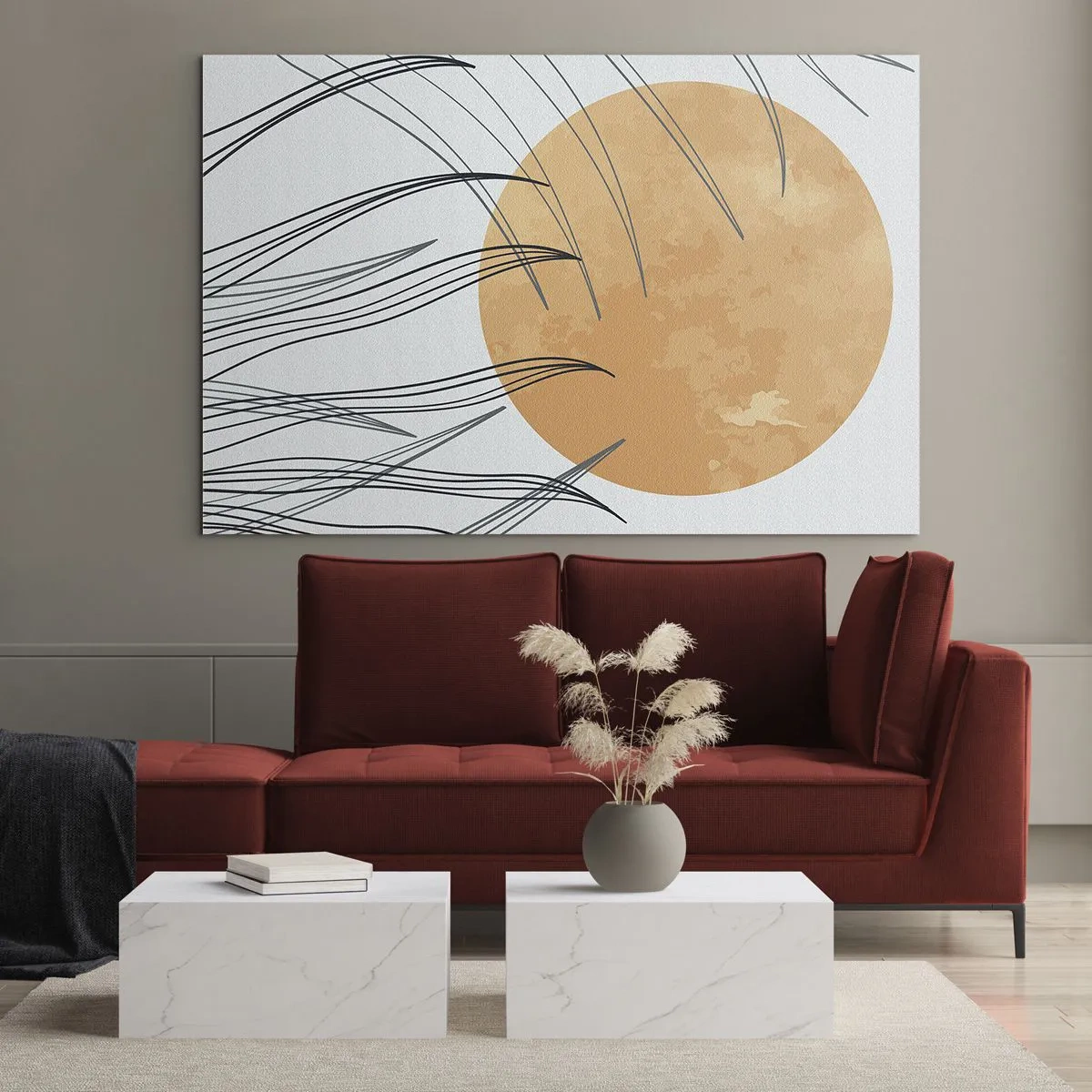 Impression sur verre - Image sur verre - Soleil orange avec des lignes dynamiques sur fond clair - 70x50cm - Toujours vers le soleil - Décoration murale moderne pour le salon et la chambre ARTTOR