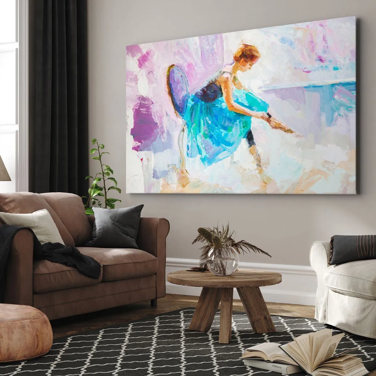 Impression sur toile - Image sur toile - Une ballerine se prépare à danser dans des tons pastel. - 100x70cm - Grâce ineffable, charme subtil - Décoration murale moderne pour le salon et la chambre ARTTOR