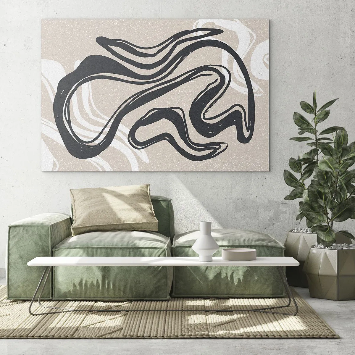 Impression sur verre - Image sur verre - Ligne noire expressive sur fond beige dans un style abstrait. - 70x50cm - Expression multipliée - Décoration murale moderne pour le salon et la chambre ARTTOR