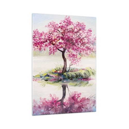 Impression sur verre - Image sur verre - Un arbre rose sur une île se reflétant dans l'eau calme - 50x70cm - Fête du Printemps - Décoration murale moderne pour le salon et la chambre ARTTOR