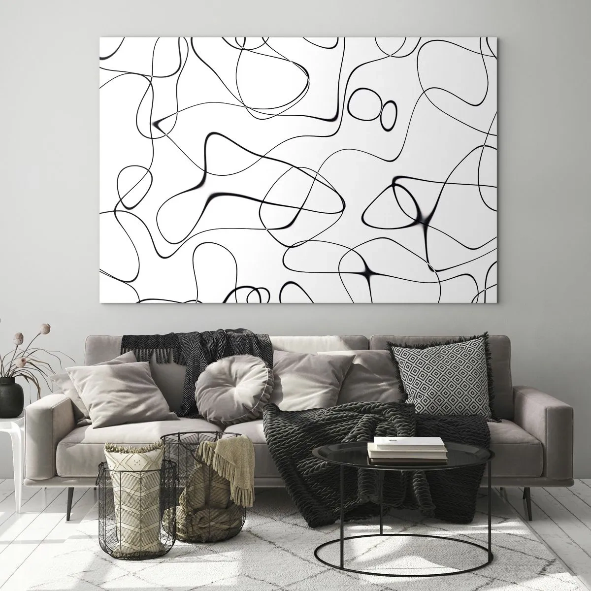 Impression sur verre - Image sur verre - Lignes noires abstraites sur fond blanc - 100x70cm - Le chemin de la vie, les voies du hasard - Décoration murale moderne pour le salon et la chambre ARTTOR