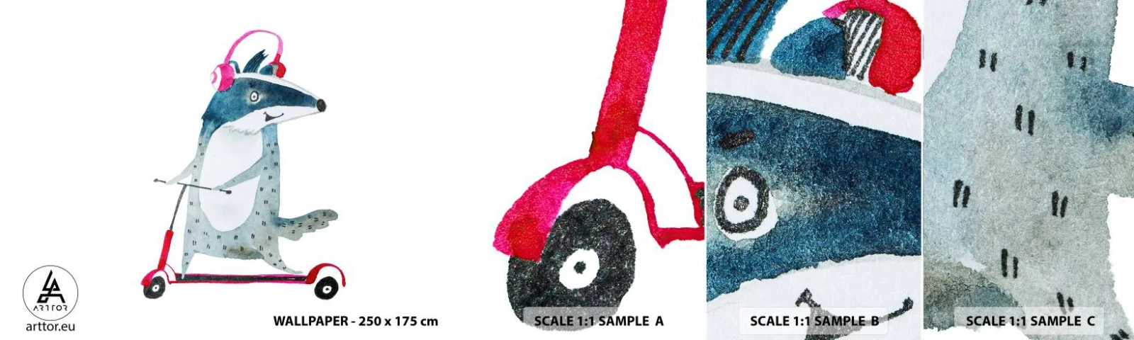 Échantillon De Papier Peint Standard Eco - La joie du blaireau - Enfants, Scooter, Animal - 100x30 cm