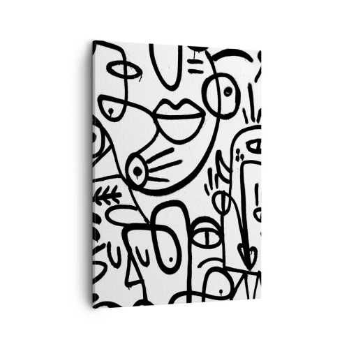 Impression sur toile - Image sur toile - Dessins abstraits en noir et blanc avec des motifs faciaux - 50x70cm - Visages et mirages - Décoration murale moderne pour le salon et la chambre ARTTOR