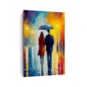 Impression sur toile - Image sur toile - Un couple sous un parapluie se promenant dans une ville nocturne colorée - 70x100cm - Ensemble – une nuit colorée - Décoration murale moderne pour le salon et la chambre ARTTOR