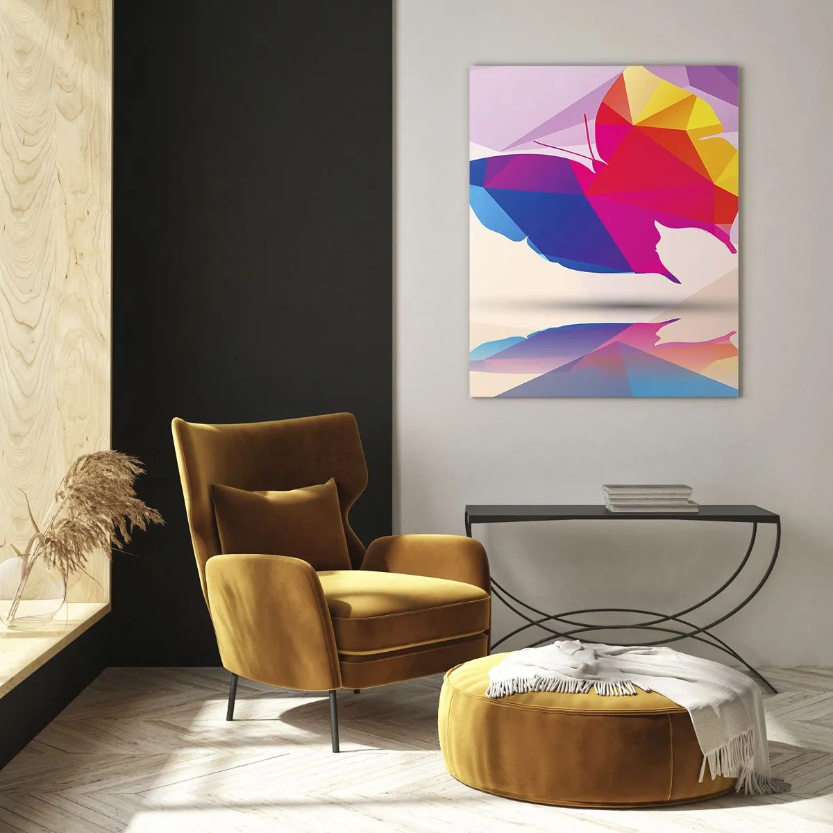 Impression sur verre - Image sur verre - Papillon géométrique dans une abstraction colorée et lumineuse - 50x70cm - Papillon arc-en-ciel - Décoration murale moderne pour le salon et la chambre ARTTOR