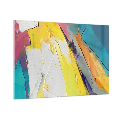 Impression sur verre - Image sur verre - Coups de pinceau abstraits en jaune, bleu et blanc - 100x70cm - Anatomie du monde - Décoration murale moderne pour le salon et la chambre ARTTOR