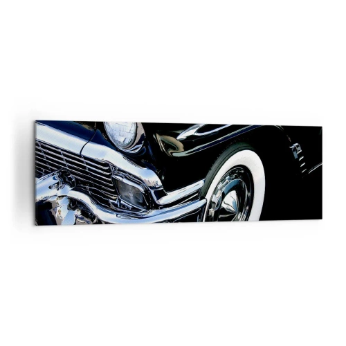 Impression sur toile - Image sur toile - Gros plan du phare et du garde-boue d'une voiture classique noire - 160x50cm - Classique en argent, noir et blanc - Décoration murale moderne pour le salon et la chambre ARTTOR