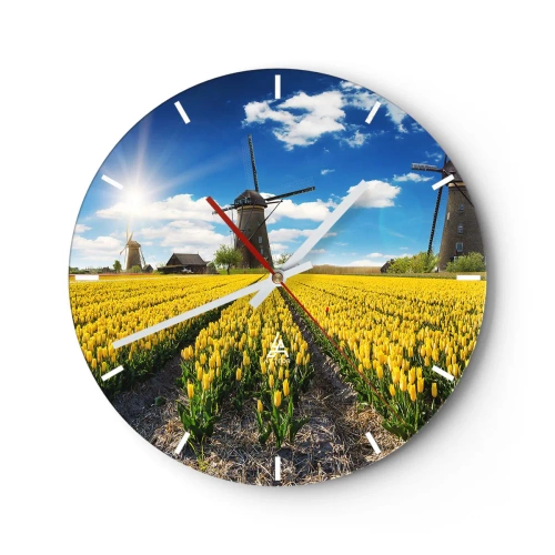 Horloge murale - Pendule murale - Tulipes jaunes sur fond de moulins à vent et de ciel bleu - 30x30cm - Ça ne pourrait pas être plus hollandais - Décoration murale moderne pour le salon, la cuisine et la chambre ARTTOR