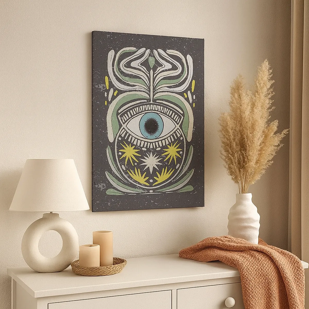 Impression sur toile - Image sur toile - Un œil symbolique entouré de motifs abstraits - 50x70cm - Rituels tribaux - Décoration murale moderne pour le salon et la chambre ARTTOR