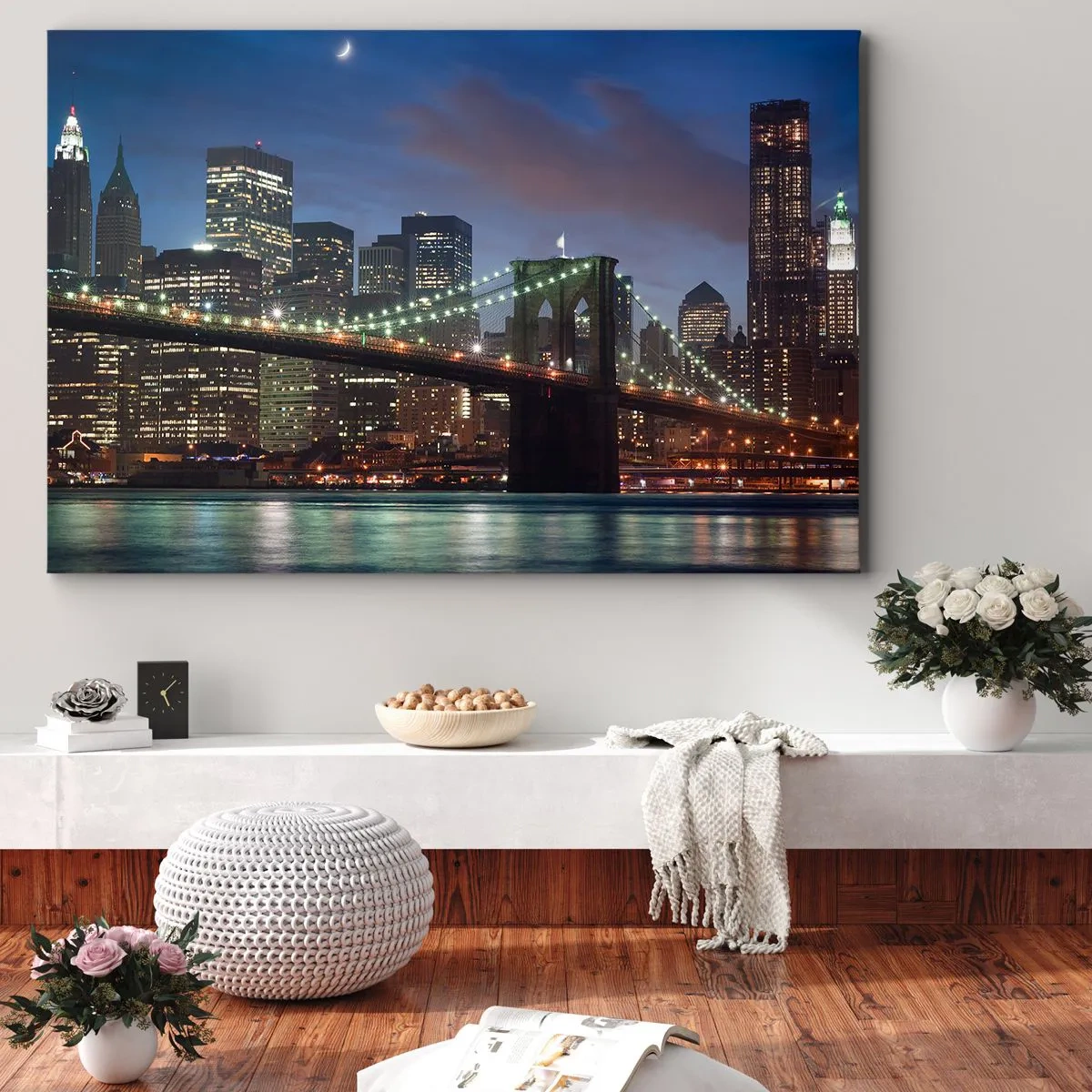 Impression sur toile - Image sur toile - Pont de New York la nuit avec bâtiments illuminés - 100x70cm - Nuit rougeoyante - Décoration murale moderne pour le salon et la chambre ARTTOR