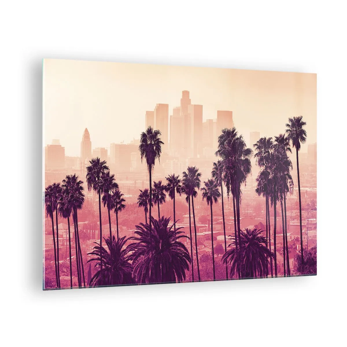 Impression sur verre - Image sur verre - Palmiers sur fond de skyline de la ville dans des tons chauds de coucher de soleil - 70x50cm - Paysage californien - Décoration murale moderne pour le salon et la chambre ARTTOR