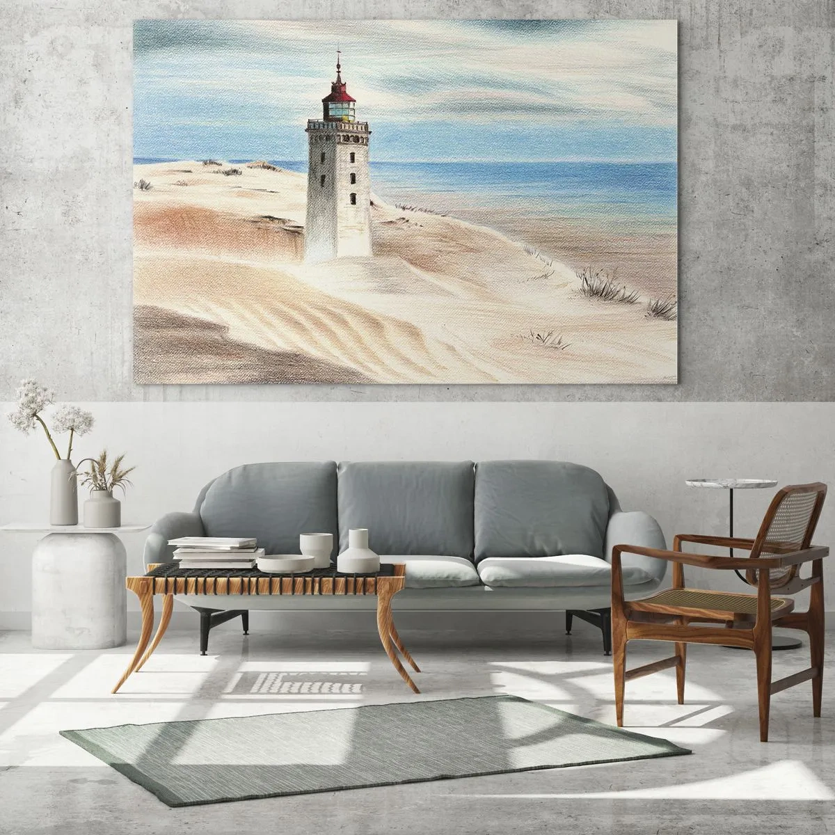 Impression sur verre - Image sur verre - Un phare sur une dune du désert au bord d'une mer calme - 120x80cm - Toujours regarder la mer - Décoration murale moderne pour le salon et la chambre ARTTOR
