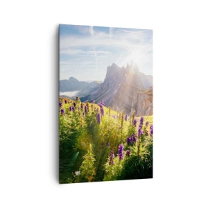 Impression sur toile - Image sur toile - Paysage de montagne avec des fleurs à la lumière du soleil levant - 80x120cm - La vie secrète des herbes - Décoration murale moderne pour le salon et la chambre ARTTOR