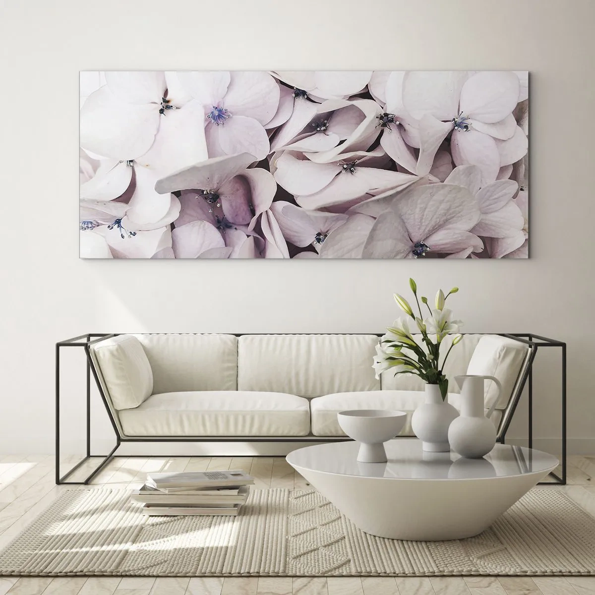 Impression sur verre - Image sur verre - Hortensias blancs délicats aux tons pastel - 140x50cm - Dans un flot de fleurs - Décoration murale moderne pour le salon et la chambre ARTTOR