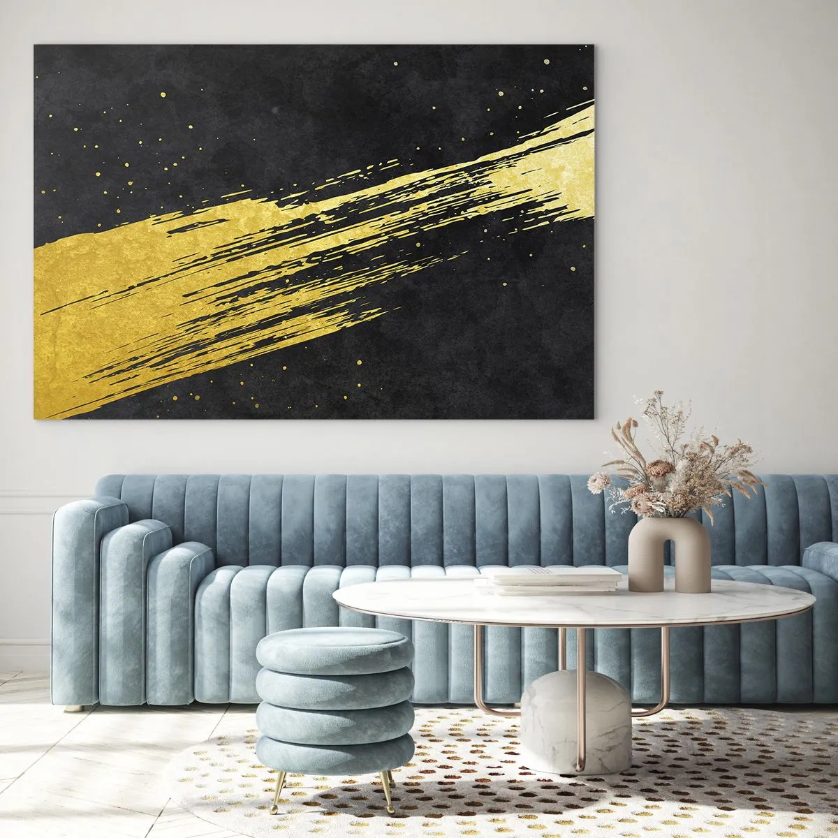 Impression sur verre - Image sur verre - Un pinceau doré sur fond noir dans une forme dynamique et abstraite - 70x50cm - Sautez dans l'hyperespace - Décoration murale moderne pour le salon et la chambre ARTTOR