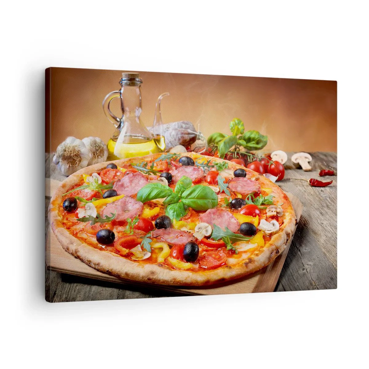 Impression sur toile - Image sur toile - Pizza appétissante sur une table en bois avec garnitures - 70x50cm - Avec une vraie saveur italienne - Décoration murale moderne pour le salon et la chambre ARTTOR