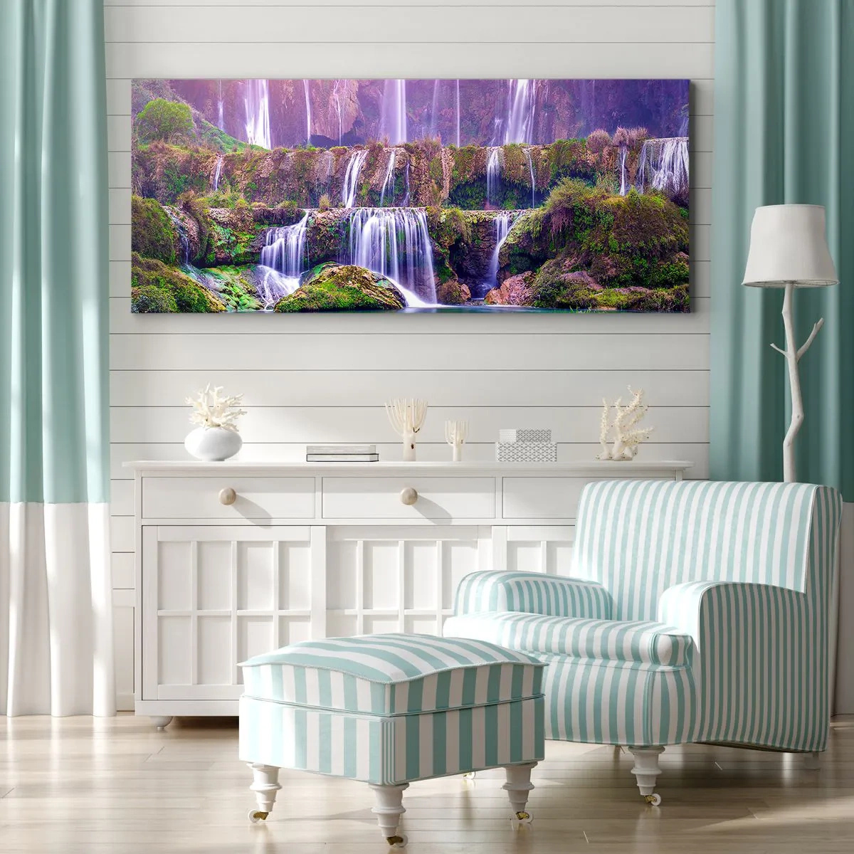 Impression sur toile - Image sur toile - Cascades entourées de verdure avec un éclairage pastel - 140x50cm - Escalier vers le ciel - Décoration murale moderne pour le salon et la chambre ARTTOR