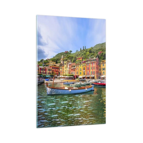 Impression sur verre - Image sur verre - Maisons de ville colorées et bateaux dans une ville balnéaire italienne - 80x120cm - Matinée italienne - Décoration murale moderne pour le salon et la chambre ARTTOR