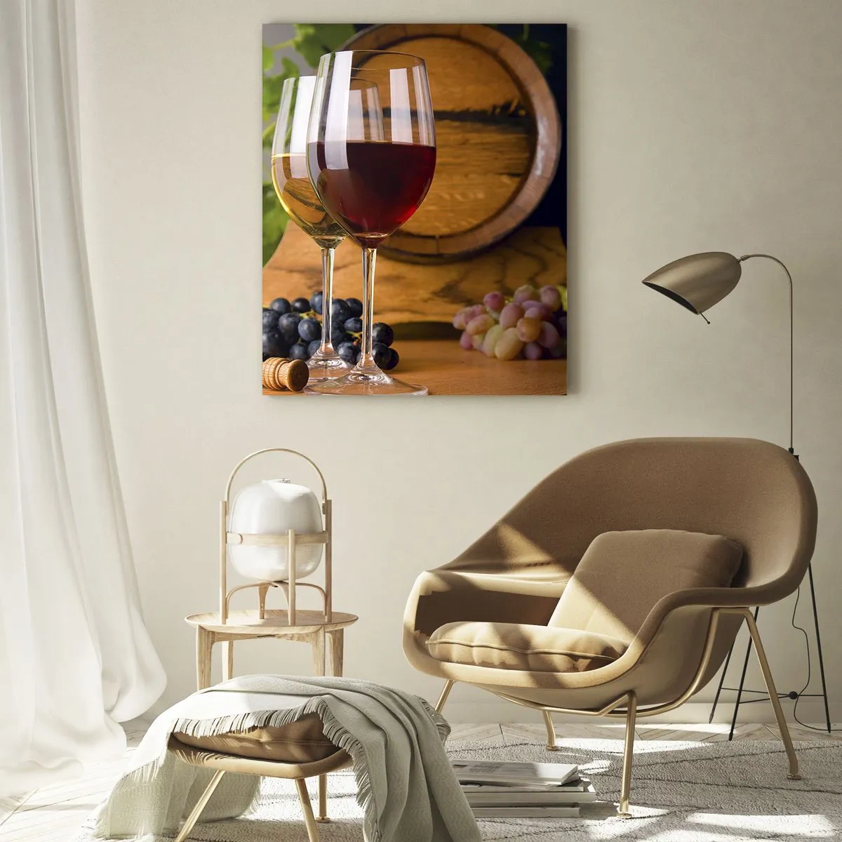Impression sur verre - Image sur verre - Verres de vin avec des raisins, un tonneau et des bouteilles sur une table en bois - 70x100cm - Comme les vieux maîtres - Décoration murale moderne pour le salon et la chambre ARTTOR