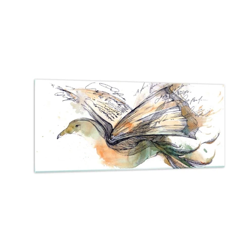 Impression sur verre - Image sur verre - Aquarelle artistique d'un oiseau avec un livre comme ailes - 120x50cm - Sur les ailes de la poésie - Décoration murale moderne pour le salon et la chambre ARTTOR