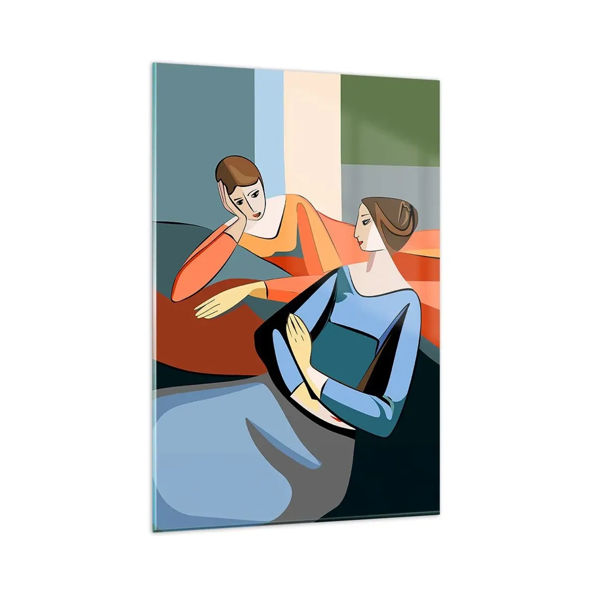 Impression sur verre - Image sur verre - Illustration abstraite de deux femmes dans le style cubiste - 80x120cm - Un moment de confiance - Décoration murale moderne pour le salon et la chambre ARTTOR