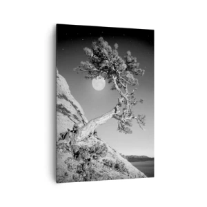 Impression sur toile - Image sur toile - Arbre noir et blanc sur une falaise avec la lune en arrière-plan - 70x100cm - Un combattant vainqueur - Décoration murale moderne pour le salon et la chambre ARTTOR