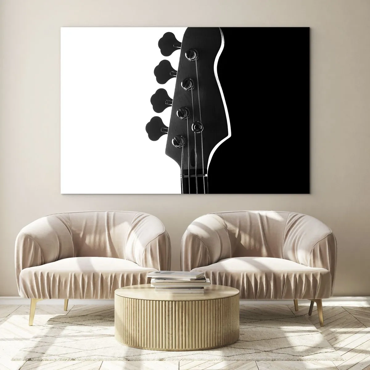 Impression sur verre - Image sur verre - Tête de guitare basse noire et blanche avec ombre - 70x50cm - Silence de roche - Décoration murale moderne pour le salon et la chambre ARTTOR