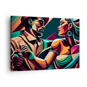 Impression sur toile - Image sur toile - Un couple stylisé dansant dans des couleurs vibrantes et géométriques. - 70x50cm - Au rythme du coeur - Décoration murale moderne pour le salon et la chambre ARTTOR
