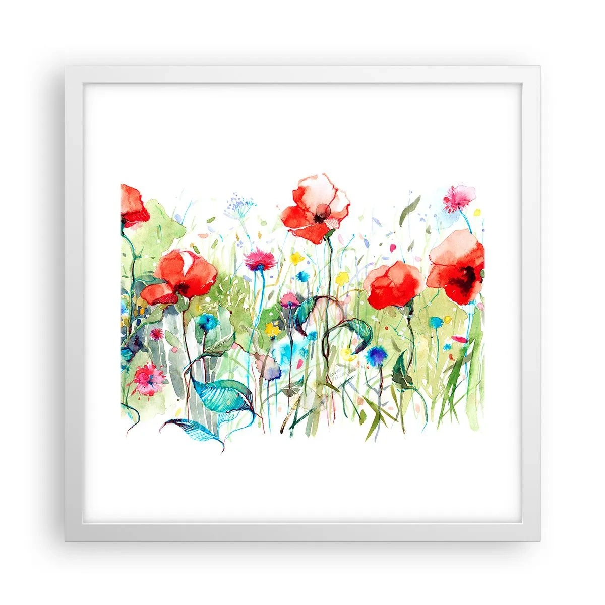 Affiche dans un cadre blanc - Poster - Prairie de fleurs en mai - 40x40 cm