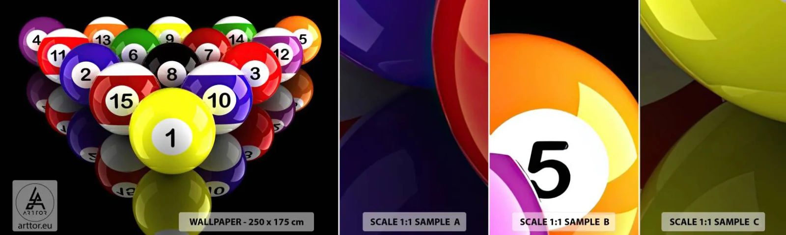 Échantillon De Papier Peint Standard Eco - Différentes couleurs de jeu - sport, Billard, Boules de billard - 100x30 cm