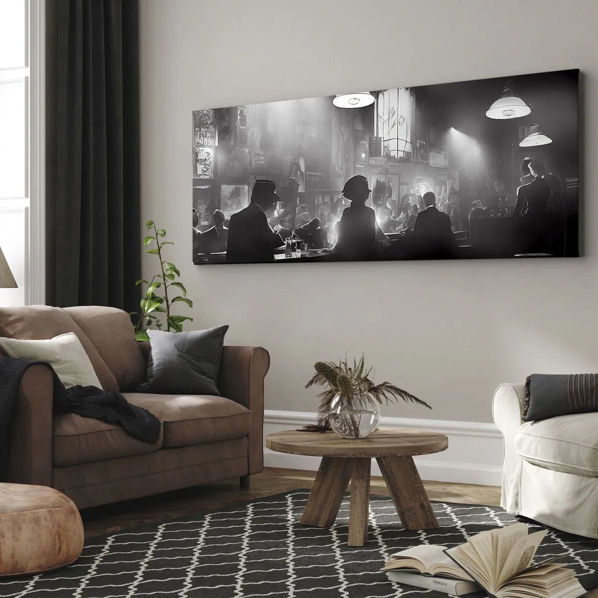 Impression sur toile - Image sur toile - Scène de boîte de nuit de jazz en noir et blanc - 120x50cm - Dans une ambiance jazz - Décoration murale moderne pour le salon et la chambre ARTTOR