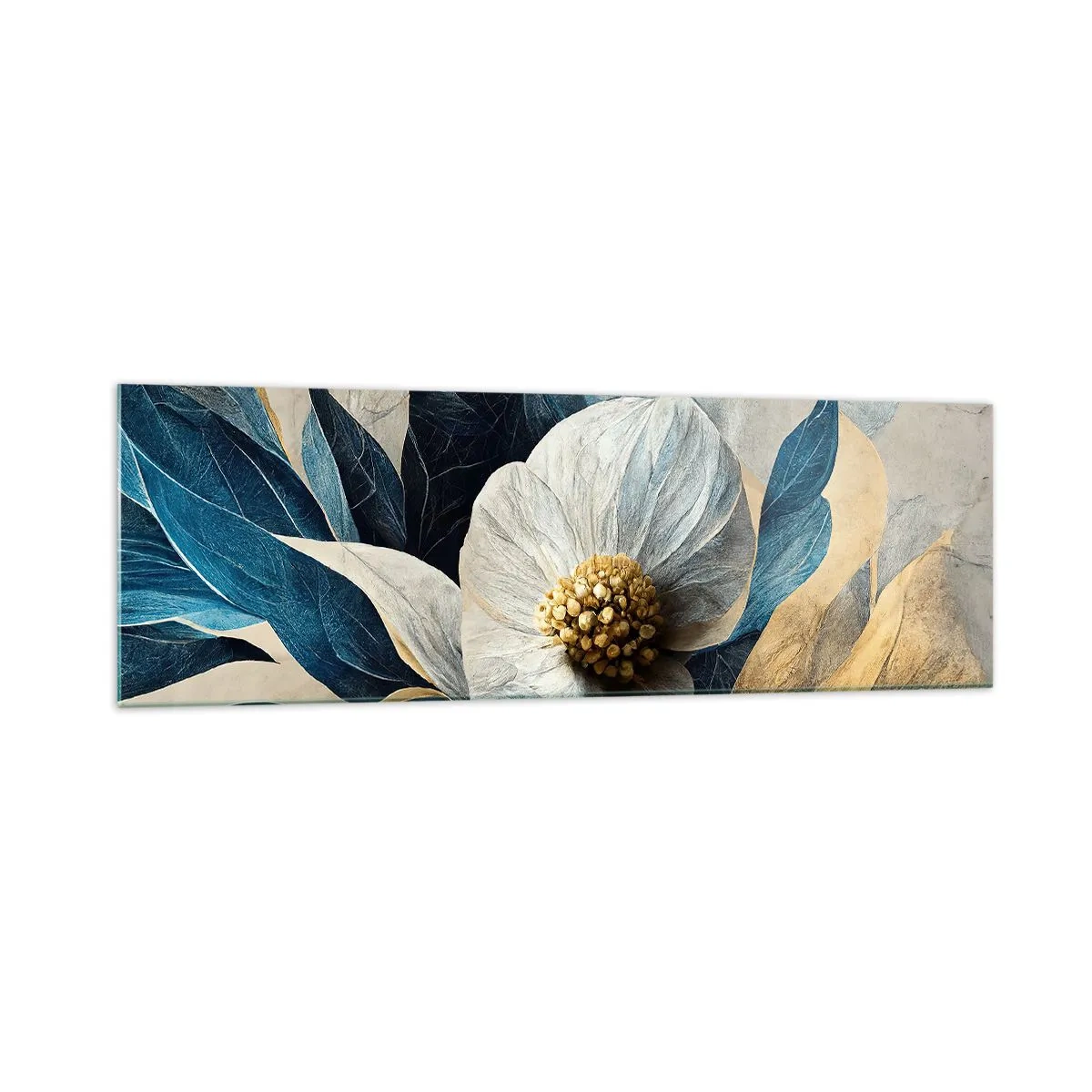 Impression sur verre - Image sur verre - Une fleur aux feuilles bleues sur un fond élégant - 160x50cm - Il a un coeur d'or - Décoration murale moderne pour le salon et la chambre ARTTOR