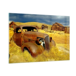 Impression sur verre - Image sur verre - Une voiture ancienne sur fond de village désert - 100x70cm - Repos bien mérité - Décoration murale moderne pour le salon et la chambre ARTTOR