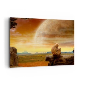Impression sur toile - Image sur toile - Des singes assis sur un rocher dans un paysage surréaliste avec une planète géante - 100x70cm - L'amour est le même partout - Décoration murale moderne pour le salon et la chambre ARTTOR